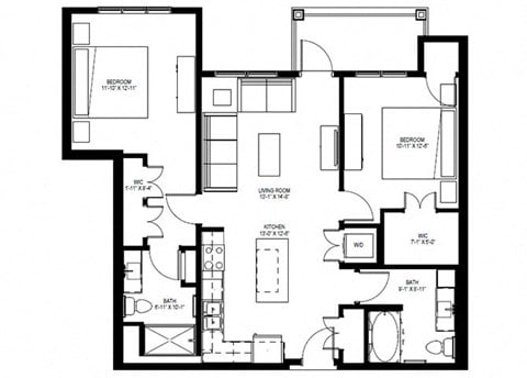 Floor plan for 2 beds, 2 baths, 1061 sqft